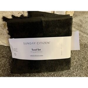 NEW Sunday Citizen Set Of 2  Hand Towels Dark Charcoal Gray Volcano Fringe‎ Hem